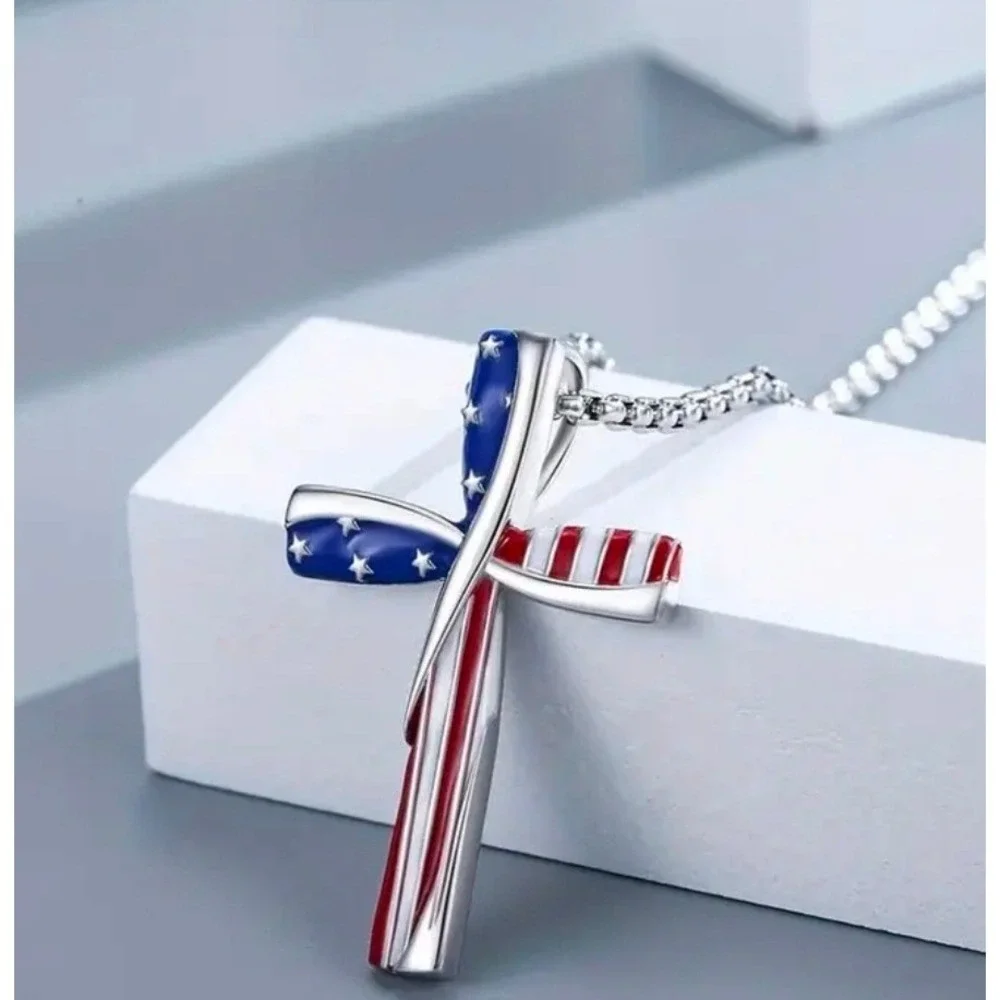 American Flag Cross‎ Necklace Stainless Steel Pendant Patriotic Jewelry USA